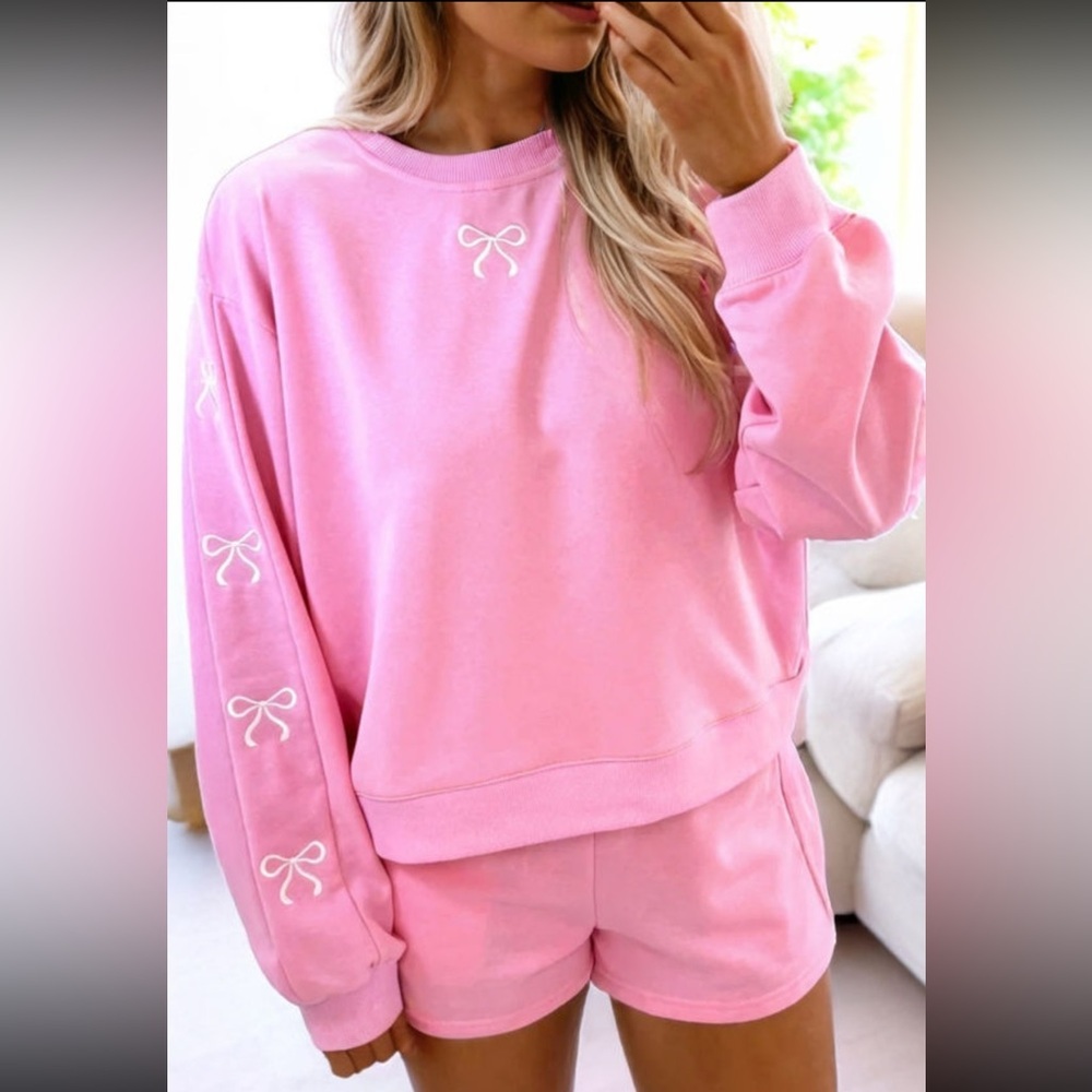 Women's Pink Bow Accent Sweatshirt and shorts set